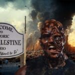 The Toxic Avenger standing in East Palestine, Ohio as the city burns.