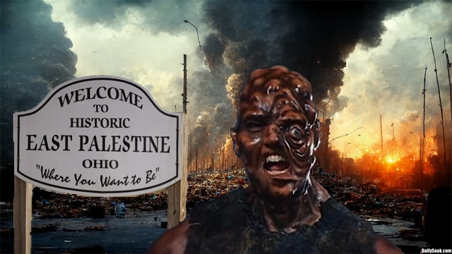 The Toxic Avenger standing in East Palestine, Ohio as the city burns.