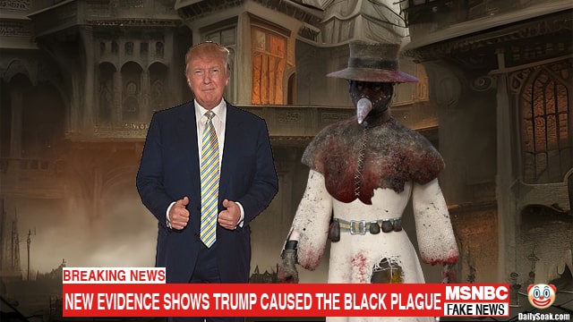 MSNBC parody showing President Donald Trump standing next to a doctor from the Black Plague.