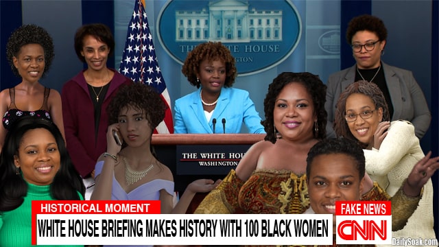 CNN parody showing a large group of black women politicians giving a White House press briefing.