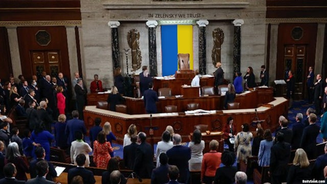 US Congress members saluting the flag of Ukraine on the House floor.