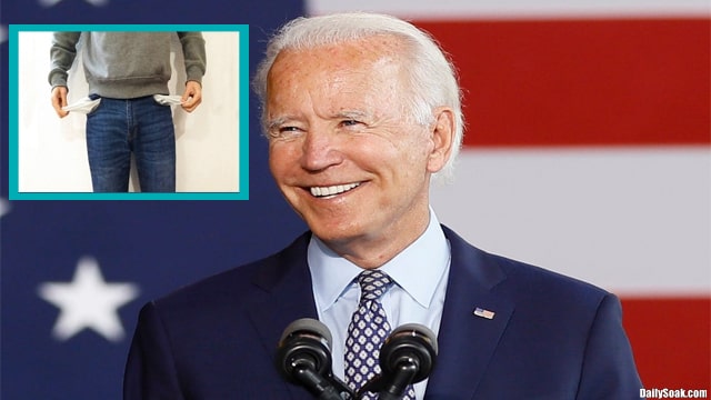 Joe Biden laughing at man with empty pockets who lost money at bank.