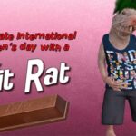 Kit Kat chocolate parody showing a rat dressed up as a human against a pink background.
