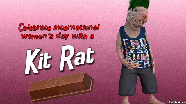 Kit Kat chocolate parody showing a rat dressed up as a human against a pink background.