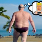 Rob Reiner wearing speedo on beach while thinking about President Donald Trump getting arrested by New York prosecutors.
