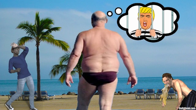 Rob Reiner wearing speedo on beach while thinking about President Donald Trump getting arrested by New York prosecutors.