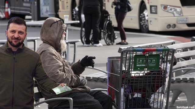 Ukraine President Zelensky pickpocketing a homeless man sitting on park bench.