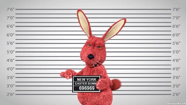 Pink Easter Bunny in a Manhattan, New York mugshot.