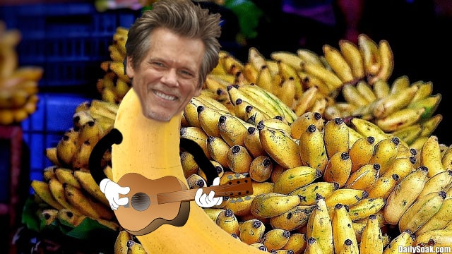 Actor Kevin Bacon surrounded by a roomful of bananas.