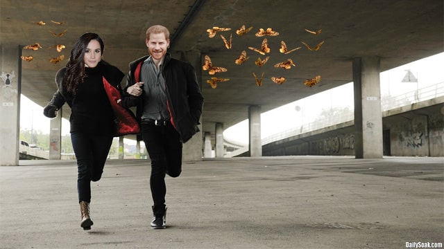 Harry and Meghan in New York City parking garage being chased by butterflies.
