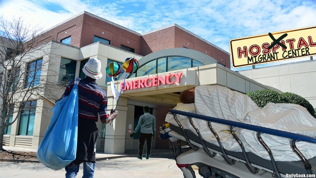 Man in hospital bed outside of a hospital emergency room entrance.
