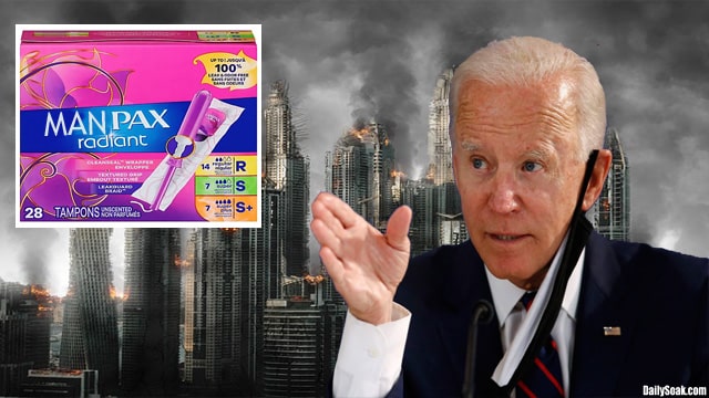 President Joe Biden talking in front of a world war scene with burning buildings.