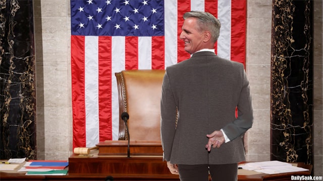 House Speaker Kevin McCarthy standing inside House of Representatives chambers.