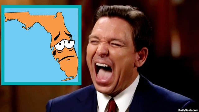 Governor Ron DeSantis laughing at the state of Florida crying.