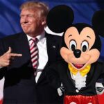 President Donald Trump standing with Disney's Mickey Mouse in Florida.