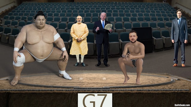 Japan G7 leaders watching Ukraine President Zelensky sumo wrestling.