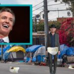 California Governor Gavin Newsom laughing at homeless man in diaper.