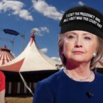 Hillary Clinton wearing black hat while standing in front of a circus.