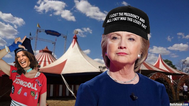 Hillary Clinton wearing black hat while standing in front of a circus.