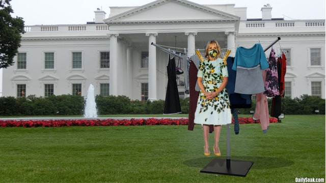 Jill Biden wearing lemon dress on front lawn of White House.