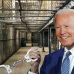 Joe Biden holding handcuffs in front of DOJ prison holding cell.