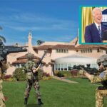 Joe Biden and George Bush watching as army soldiers invade Donald Trump's Mar-A-Lago.