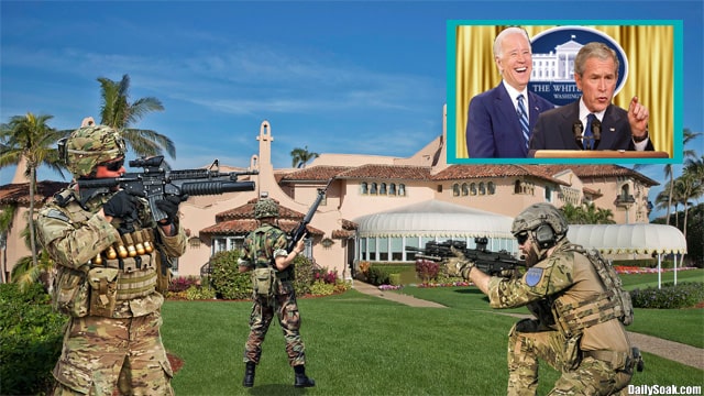 Joe Biden and George Bush watching as army soldiers invade Donald Trump's Mar-A-Lago.