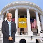 Joe Biden standing on White House lawn with mosquitos during pride month.