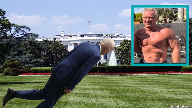 Joe Biden falling on White House lawn while RFK Jr. laughs.