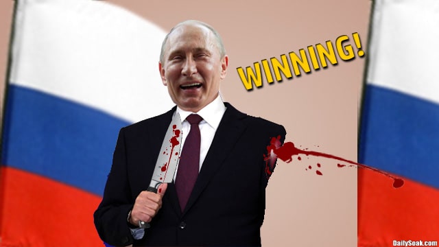 Vladimir Putin laughing as he cuts off his own arm.