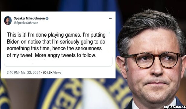 Republican Speaker Mike Johnson yelling angrily at news reporters over Joe Biden's crimes.