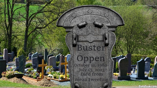 Celebrity graveyard with parody tombstone.