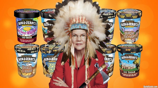 Elizabeth Warren wearing Indian headdress in front of Ben & Jerry's ice cream.