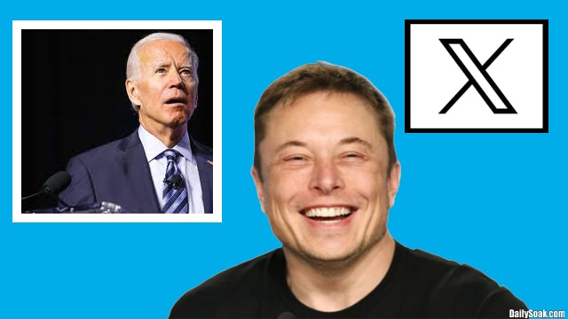 Elon Musk laughing at Joe Biden after he rebrands Twitter as X.