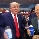 Donald Trump and Joe Biden eating ice cream inside Dairy Queen.