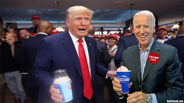 Donald Trump and Joe Biden eating ice cream inside Dairy Queen.