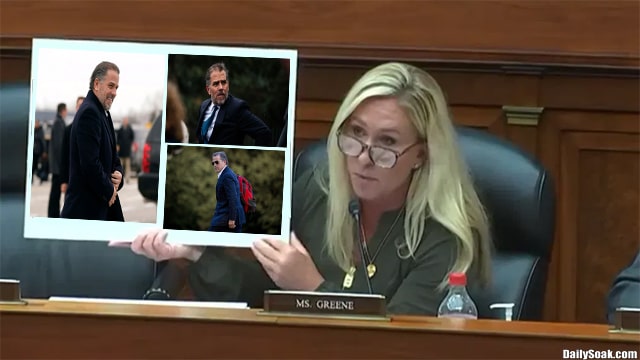 Marjorie Taylor Greene showing photos of Hunter Biden during Congressional hearing.