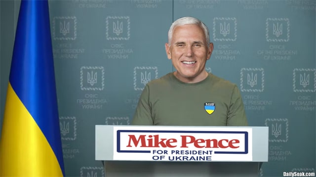 Mike Pence standing in front of a flag of Ukraine.