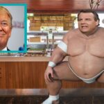 Chris Christie dressed as sumo wrestler inside restaurant challenging Trump.