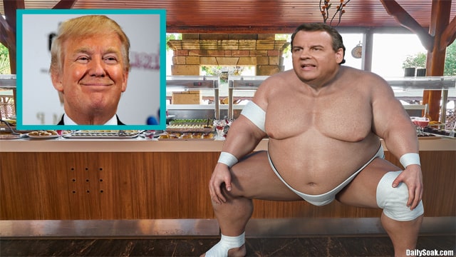 Chris Christie dressed as sumo wrestler inside restaurant challenging Trump.