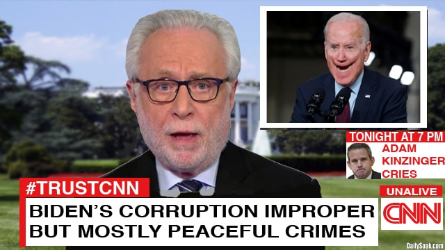 CNN host Wolf Blitzer in front of a photo of Joe Biden.
