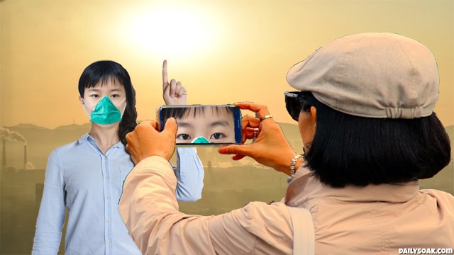 Two Chinese women taking photos of sun poking through smog covered China sky.