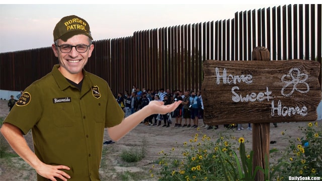 Border patrol agent in green shirt helping illegal aliens cross border into USA.