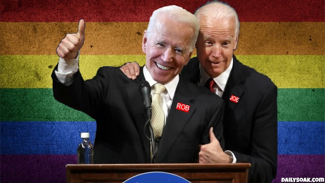 Joe Biden hugging a lookalike Joe Biden Robert L. Peters behind a podium.