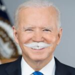 Joe Biden wearing a white mustache pretending to be his alias Robert L. Peters.