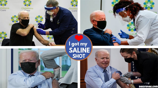 Joe Biden getting his COVID vaccine saline shot injections for the news media.