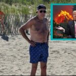 Joe Biden on Delaware beach with nested photo of Maui fires and Donald Trump.