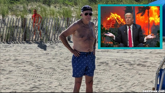 Joe Biden on Delaware beach with nested photo of Maui fires and Donald Trump.