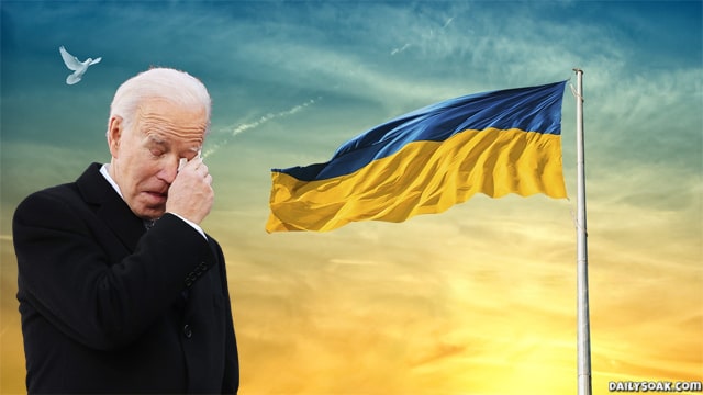 Joe Biden in Ukraine crying over a Ukraine flag.