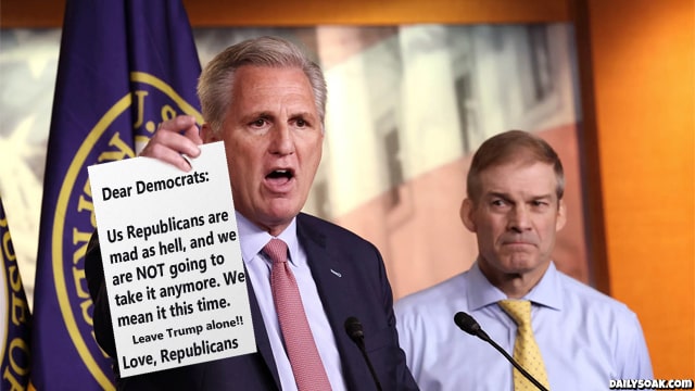 Republicans Kevin McCarthy and Jim Jordan holding an angry letter to the Democrats.